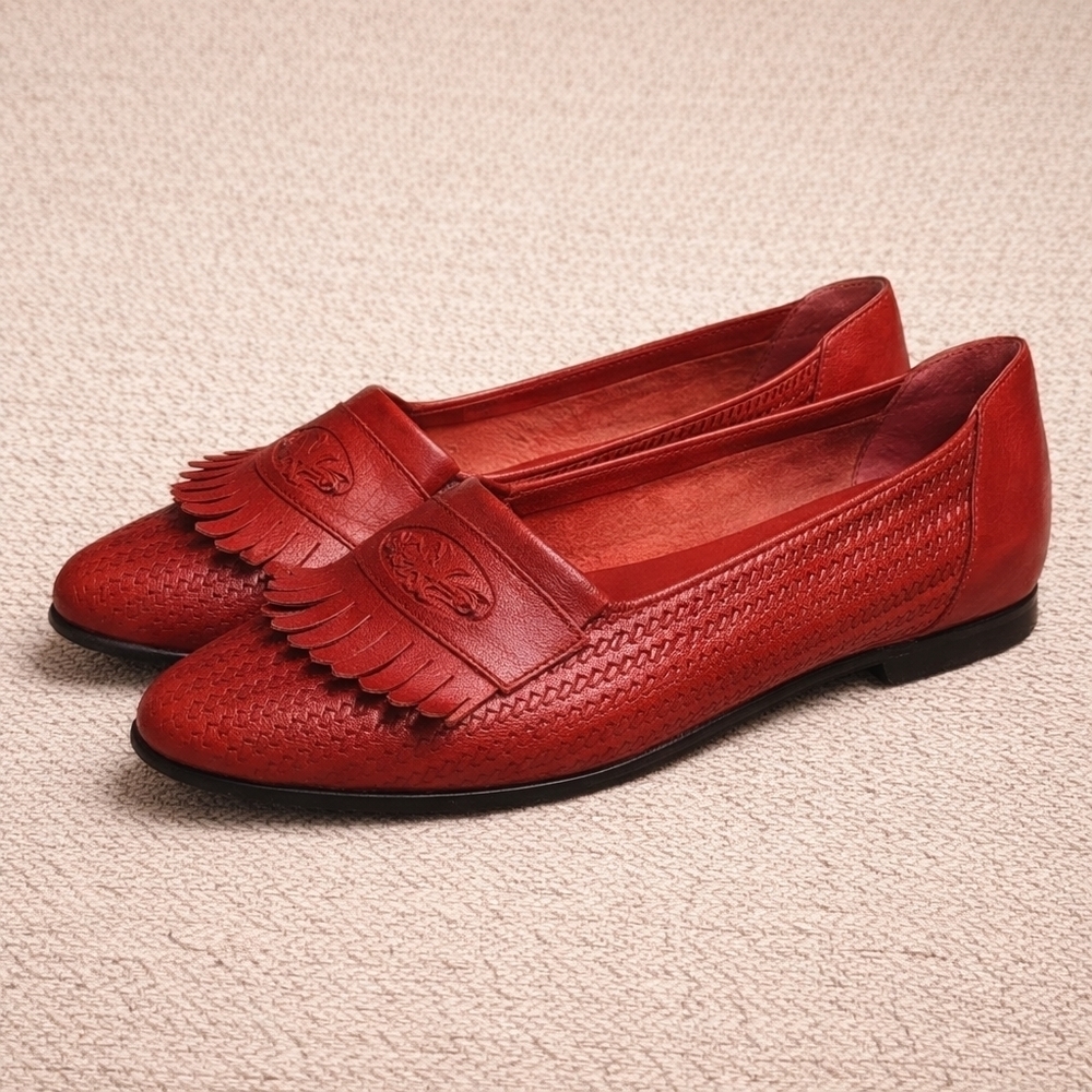 Vintage NICOLE BABS Red Woven Leather Fringe Loafers 8.5 M Fleur de Lis Heritage - Picture 3 of 10